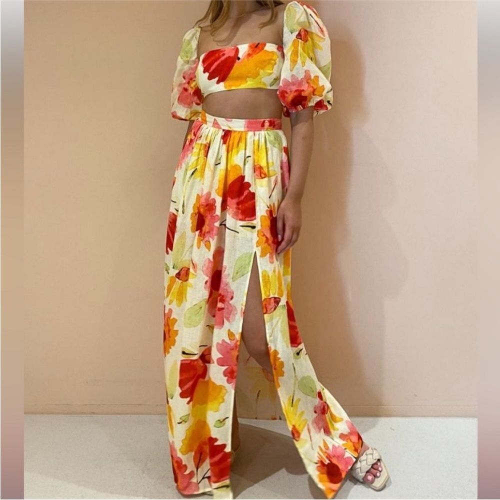 Revolve Rumer Sunshine Floral‎ Linen Maxi Skirt with Slit XS NWT